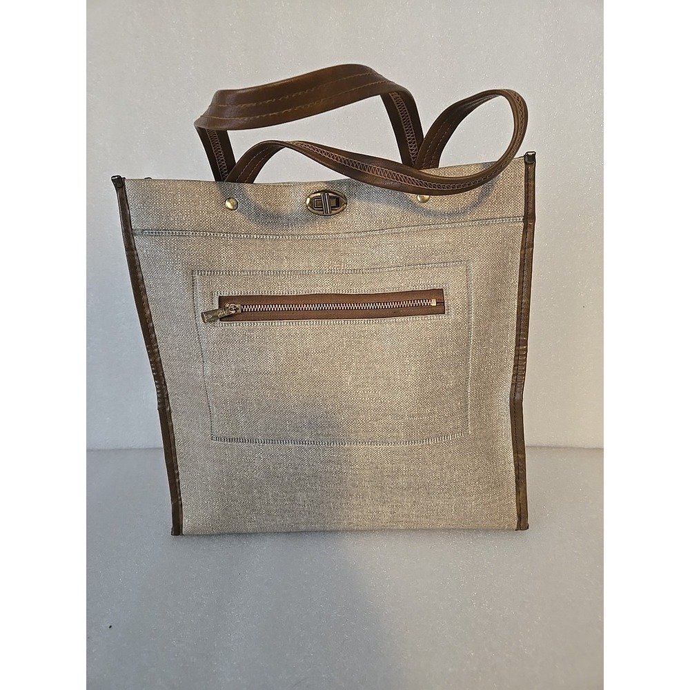 Vtg Brown & Tan Tan Faux Leather Tote Bag with Turnlock Closure Lady's Pride